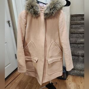 J.Crew Vail Parka Wool Coat Sz 0 Faux Fur Hooded Jacket Winter Warm Peach Pastel